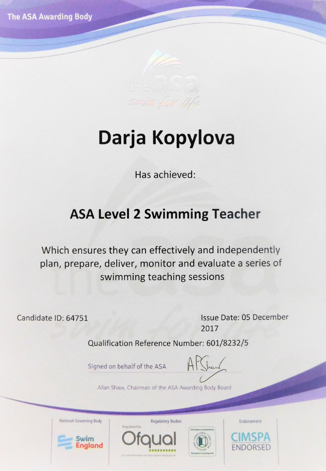 Picture of a swimming teacher's certificate, leading to a larger version of the image